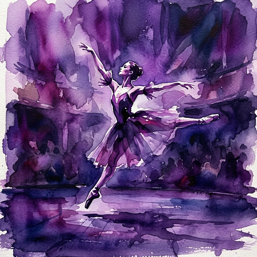 Ilustracja akwarelowa tancerki baletowej w dynamicznej pozie, w fioletowej tutu na tle dramatycznej purpurowo-czarnej scenografii, przywołująca na myśl spektakl teatralny.