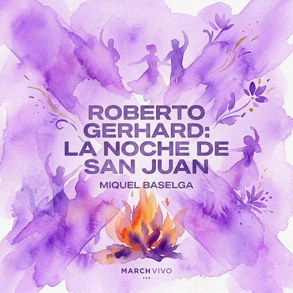 Levendig paars aquarel artwork met silhouetten van dansers, een centraal vuur en bloemmotieven, met tekst die Roberto Gerhard's 'La Noche de San Juan' identificeert, uitgevoerd door Miquel Baselga.