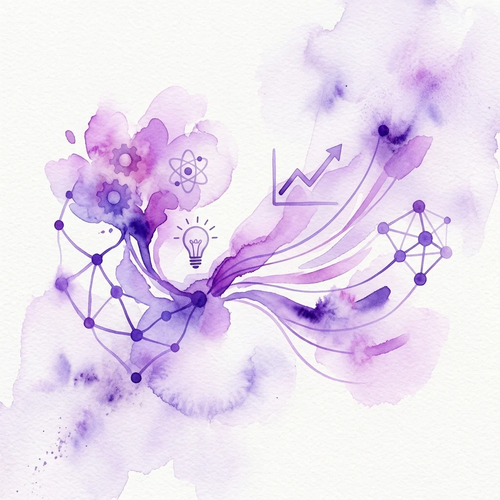 Abstracte aquarelillustratie in paarse tinten die thema's van onderzoek en ontwikkeling weergeeft, met iconen van tandwielen, een atoom, een gloeilamp, een stijgende grafiek en netwerkverbindingen die technologische innovatie en onderlinge verbondenheid symboliseren.