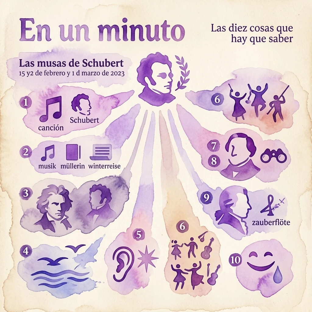Infographic titled 'En un minuto' about 'Las musas de Schubert' featuring Franz Schubert's portrait, musical notes, and ten illustrated points on his music and life, set against a vintage paper background.