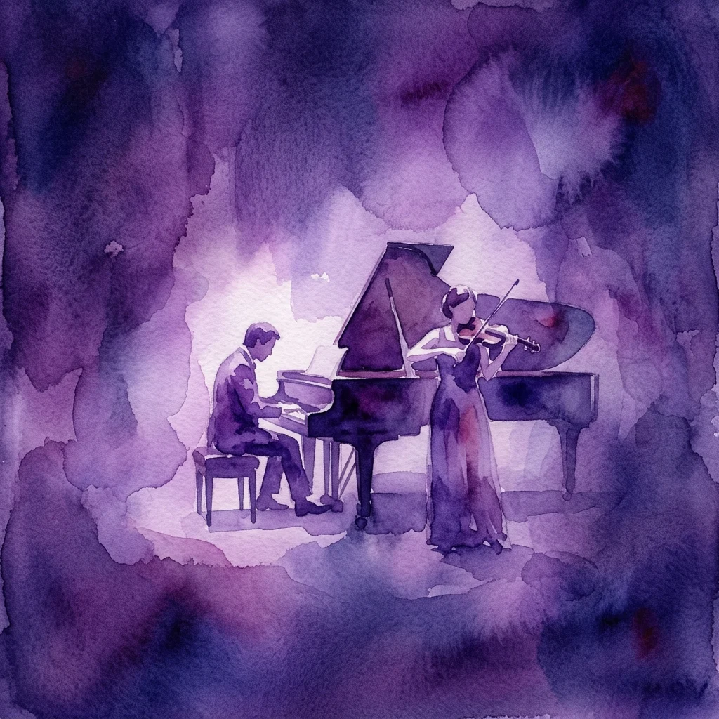 Ilustración en acuarela de un pianista y un violinista actuando en un escenario bajo un foco, parte de la serie 'Jóvenes Intérpretes' de Laurence Kilsby y Ella O'Neill.