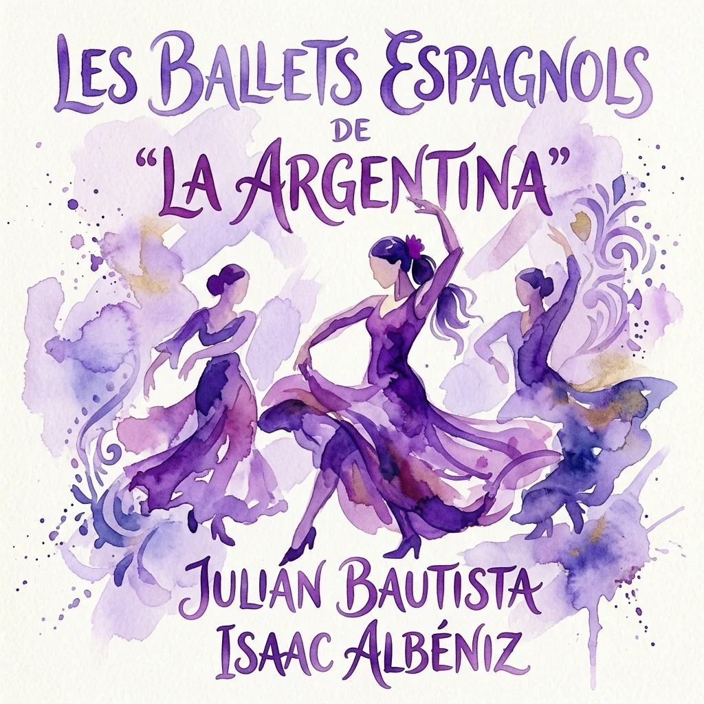Póster vintage en acuarela para 'Les Ballets Espagnols de La Argentina', con bailarines estilizados en tonos púrpuras y texto que acredita a Julián Bautista e Isaac Albéniz.