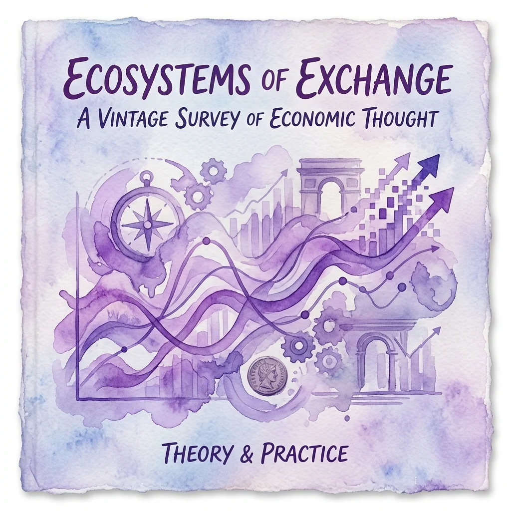 Okładka zabytkowej książki zatytułowanej 'Ecosystems of Exchange: A Vintage Survey of Economic Thought' z fioletowymi akwarelowymi ilustracjami kół zębatych, wykresów, kompasu i monety, reprezentującymi teorię i praktykę ekonomiczną.