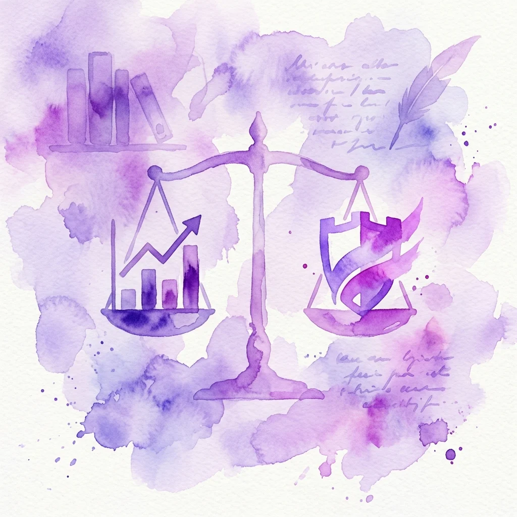 Fioletowa akwarelowa ilustracja wagi balansującej wykres słupkowy i tarczę, symbolizująca liberalizację rynku i obronę, z książkami i piórem w tle.