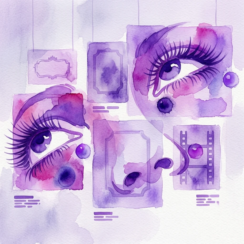Ilustracja akwarelowa w odcieniach fioletu i różu, przedstawiająca stylizowane oczy, klisze filmowe i ozdobne ramki, nawiązująca do tematyki fotografii i wizualnego opowiadania historii.