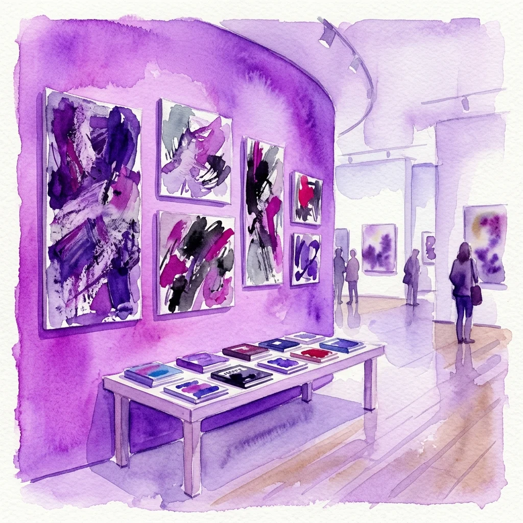 Watercolor illustration of an art gallery with purple walls, featuring abstract informalist paintings and a display table with photobooks, evoking the post-war period 1945-1965.
