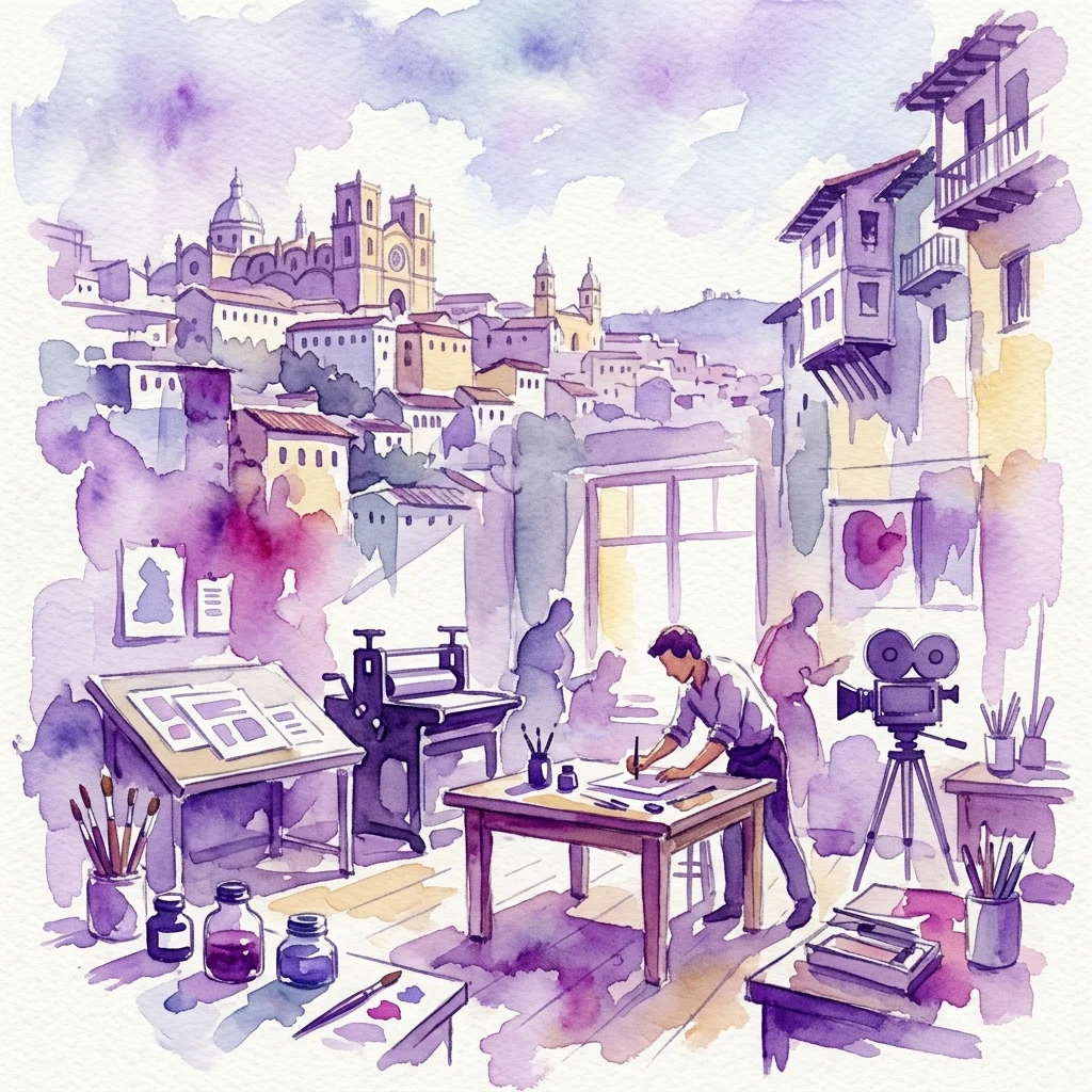 Ilustracja akwarelowa studia graficznego z zabytkowymi narzędziami i wczesnym sprzętem fotograficznym, na tle zabytkowego krajobrazu miasta Cuenca, odzwierciedlająca artystyczne dziedzictwo Jordiego i Jaume Blassi.