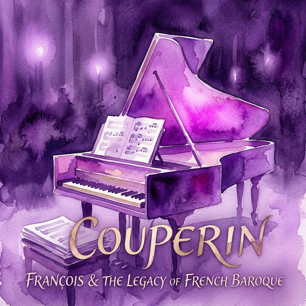 Een paarse aquarelillustratie van een klavecimbel met bladmuziek, die de muzikale nalatenschap van de familie Couperin en de Franse barokmuziek oproept in een schemerige concertzaal.