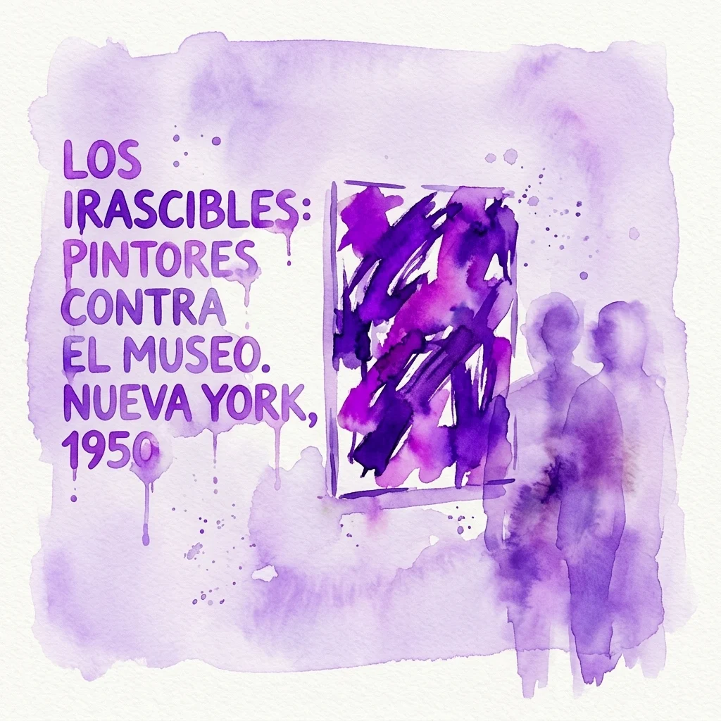Een paarse aquarelillustratie van de tentoonstellingstitel 'Los Irascibles: Pintores contra el Museo. Nueva York, 1950', met abstracte kunst en silhouetten van bezoekers in een galerie.