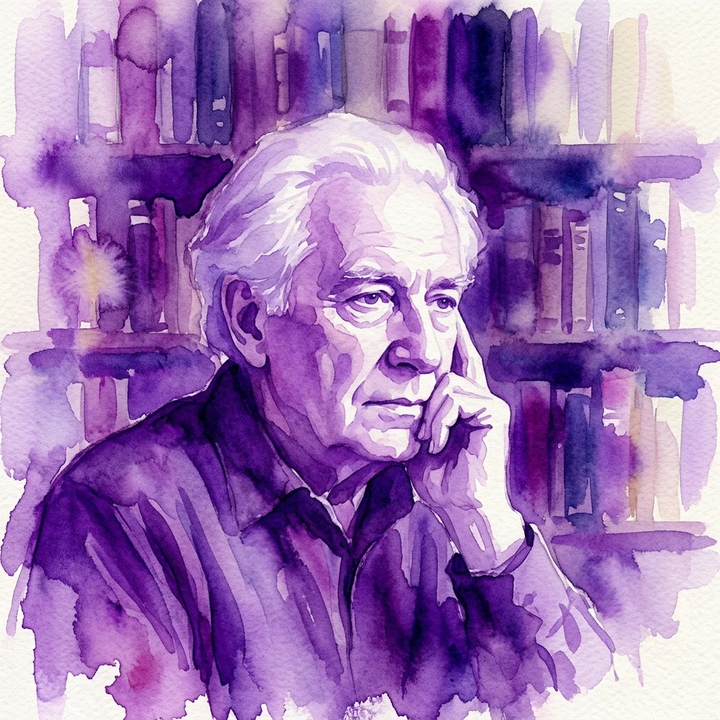 Watercolor portrait of poet Luis Alberto de Cuenca in a library setting, surrounded by bookshelves, with a thoughtful expression.