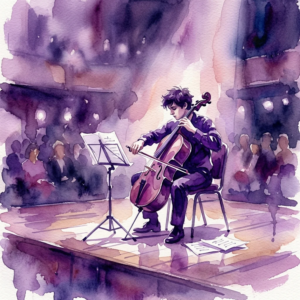 Een aquarelillustratie van een jonge cellist die optreedt op een podium, zittend met bladmuziek op een standaard, voor een publiek in een concertzaal.