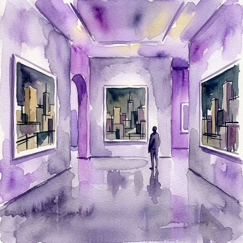 A watercolor illustration of an art gallery with purple-hued walls, displaying abstract geometric cityscapes by Lyonel Feininger, evoking urban isolation.