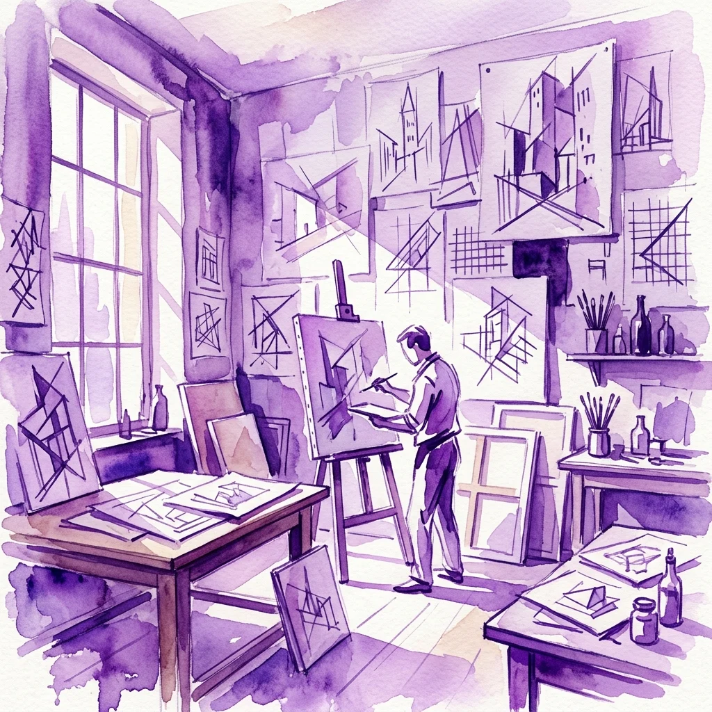 Ilustracja akwarelowa pracowni Lyonela Feiningera, przedstawiająca artystę przy sztalugach z geometrycznymi szkicami, rysunkami architektonicznymi na ścianach i fioletowym oświetleniem.
