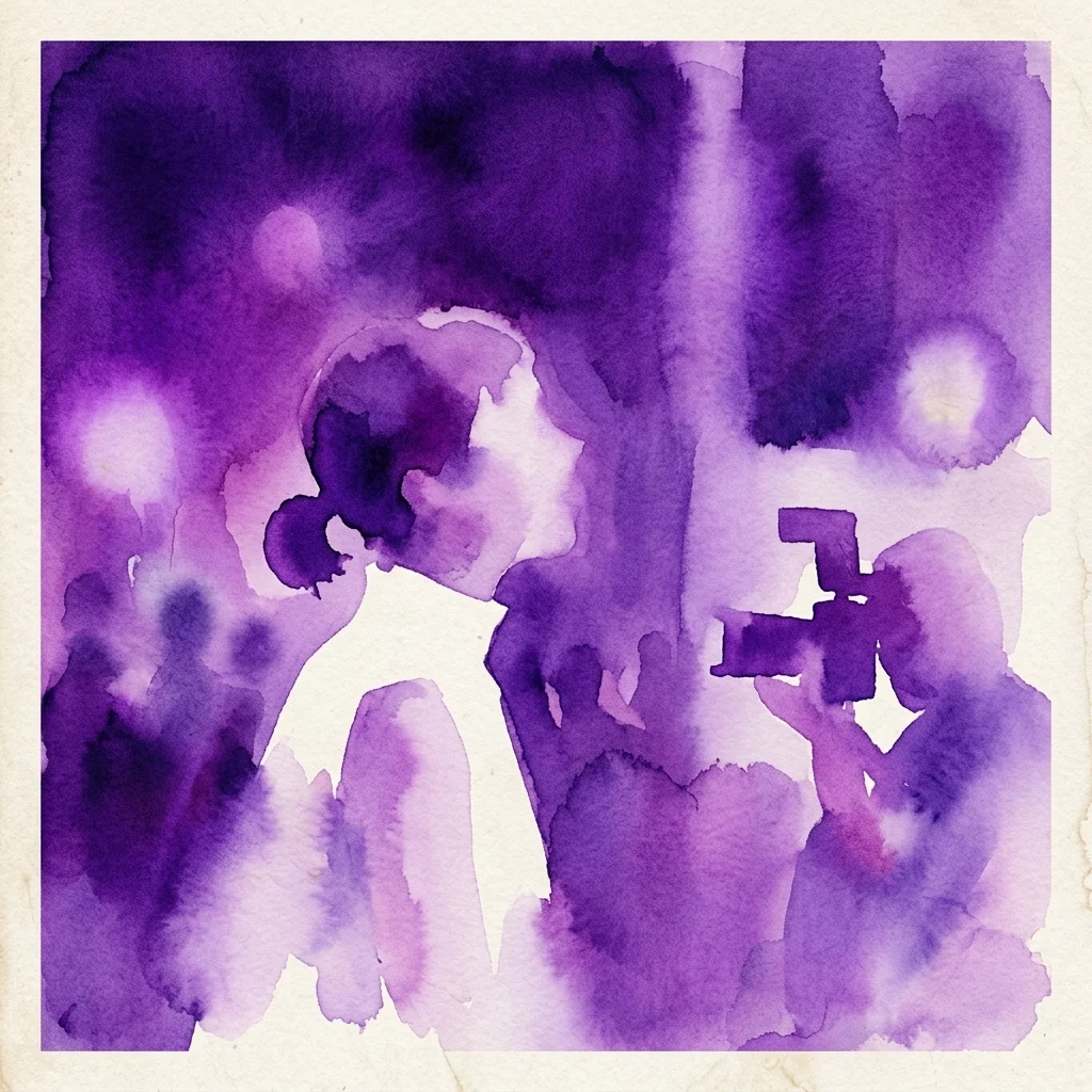 Una obra de arte estilo acuarela en tonos púrpuras que representa una escena de concierto con un fotógrafo capturando a un intérprete, evocando fotografía de archivo con abstracción artística.