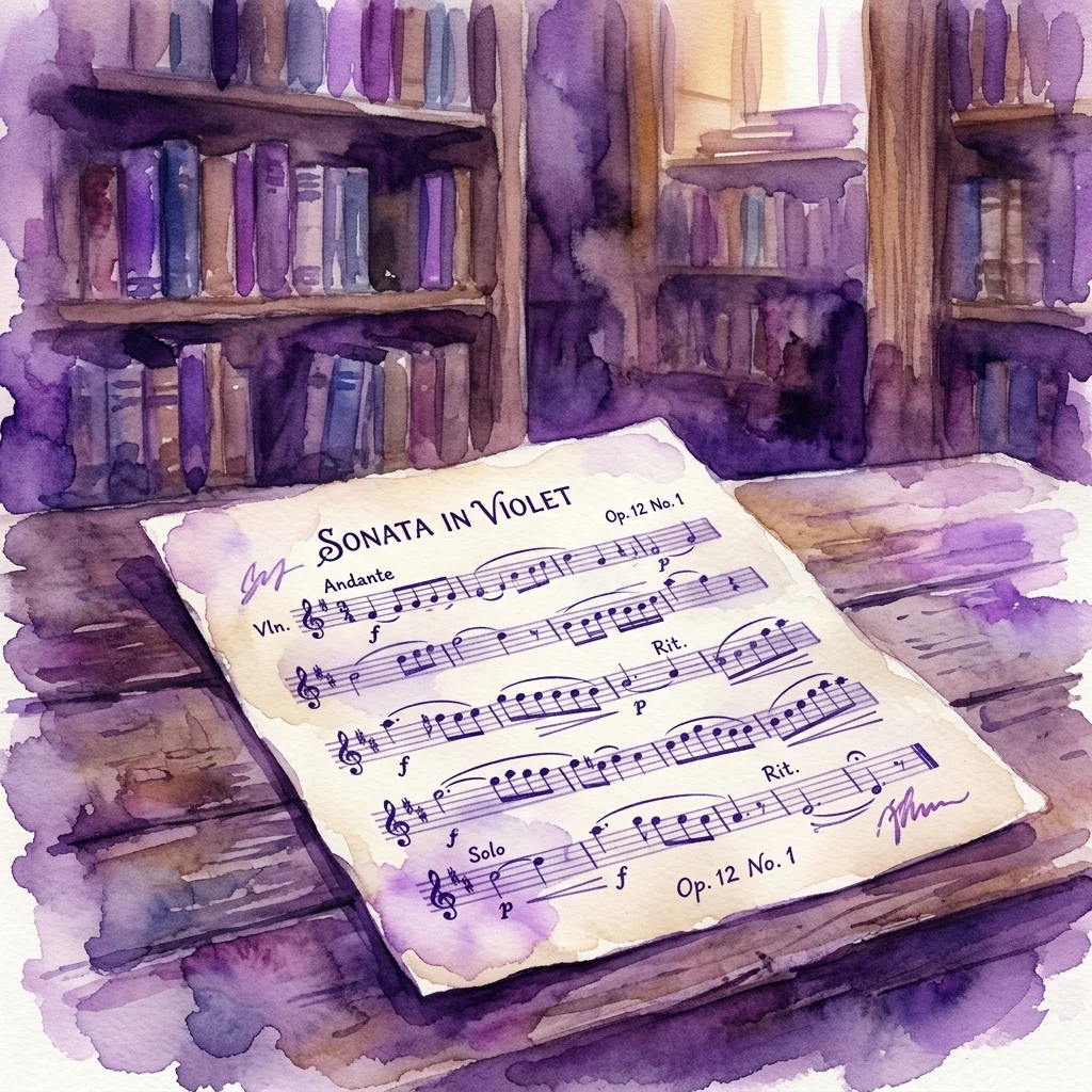 Ilustracja akwarelowa dokumentu nutowego zatytułowanego 'Sonata w Fiolecie, Op. 12 Nr 1' z odręcznymi adnotacjami, prezentowana na drewnianym stole w słabo oświetlonej bibliotece z półkami w tle.