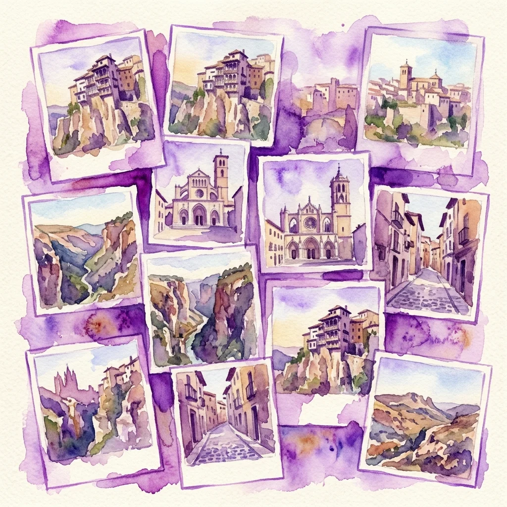 Ilustracje akwarelowe zabytkowych fotografii przedstawiających historyczną architekturę Cuenca, w tym budynki na klifach, katedry i brukowane ulice, ułożone w kolaż z fioletowymi akcentami.