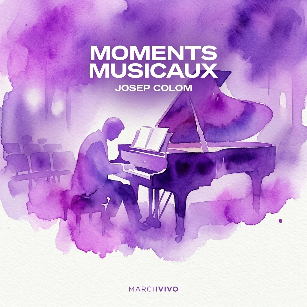Een aquarelillustratie van pianist Josep Colom die optreedt op een vleugel, met 'Moments Musicaux' en zijn naam in witte tekst tegen een paarse achtergrond.