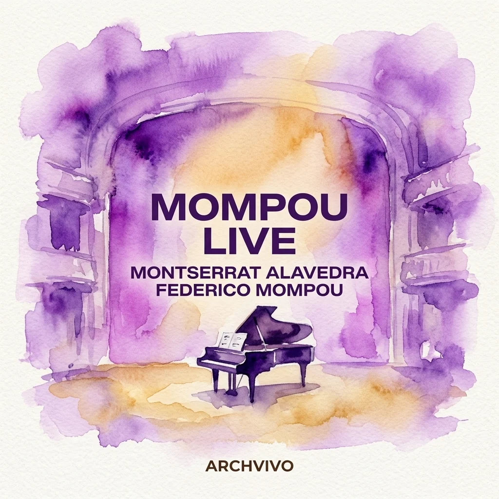 Waterverfillustratie van een vleugel op een concertpodium met paarse en gele verlichting, ter promotie van het Mompou Live album van Montserrat Alavedra en Federico Mompou.