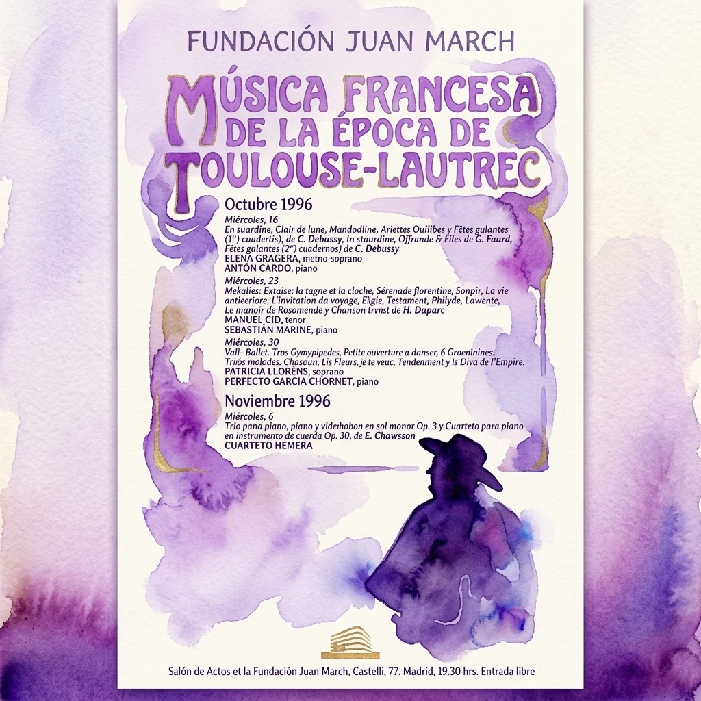 Plakat z 1996 roku do 'Música Francesa de la Época de Toulouse-Lautrec' autorstwa Fundación Juan March, przedstawiający fioletowy projekt akwarelowy z sylwetką mężczyzny w kapeluszu oraz szczegóły występów muzyki klasycznej w Madrycie.