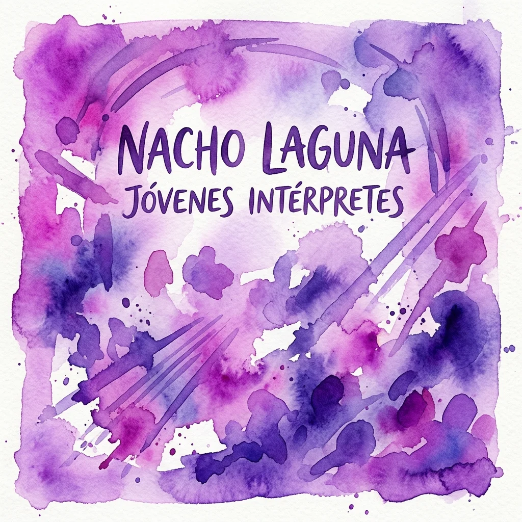 Una portada estilizada del programa de concierto para la actuación de Nacho Laguna en la serie Jóvenes Intérpretes, con salpicaduras de acuarela púrpuras y azules y el título del evento en texto en negrita.