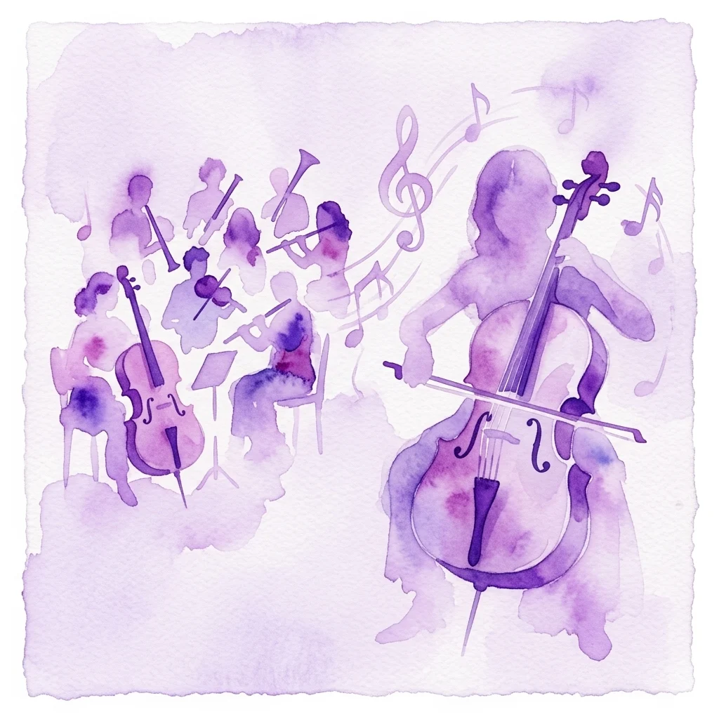 Een paarse aquarelillustratie van een kamermuziekensemble met een prominente cellist en andere muzikanten met instrumenten, omringd door muzieknoten, die het concert 'Noctes. Jóvenes Intérpretes' vertegenwoordigt.