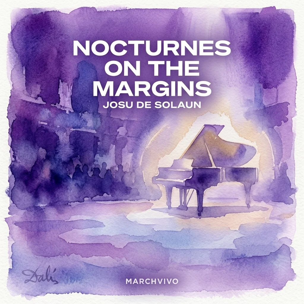 Watercolor illustration of a grand piano on a dimly lit stage with purple and blue hues, promoting the 'Nocturnes on the Margins' concert by Josu de Solaun.