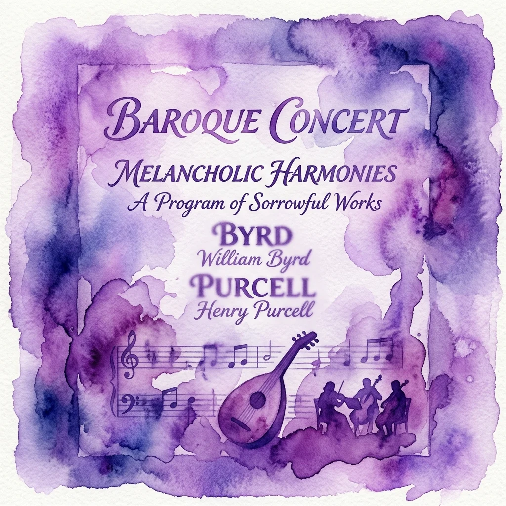 Plakat koncertu barokowego z fioletowym tłem akwarelowym, zawierający tekst 'Koncert barokowy: Melancholijne harmonie' oraz kompozytorów Williama Byrda i Henry'ego Purcella, z sylwetkami muzyków i lutnią.