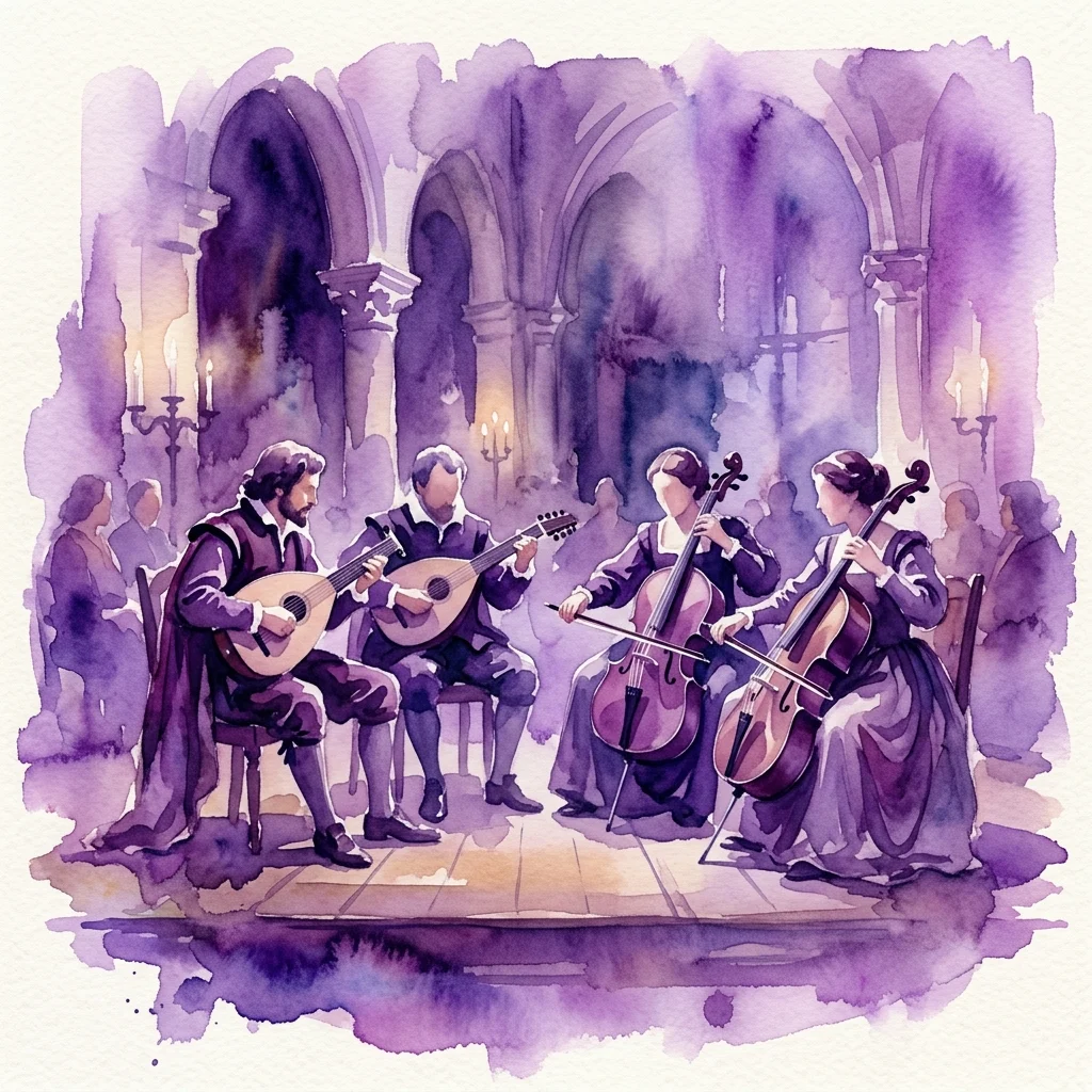 A watercolor illustration of a Renaissance musical performance featuring lutes and viols in a candlelit hall, evoking the English consort music of Byrd and Purcell.