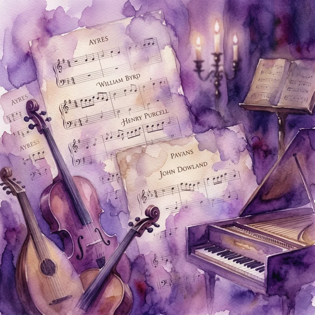 Waterverfillustratie van klassieke muziek met bladmuziek van William Byrd, Henry Purcell en John Dowland, met een viool, luit en klavecimbel in een paars getinte, door kaarsen verlichte sfeer.