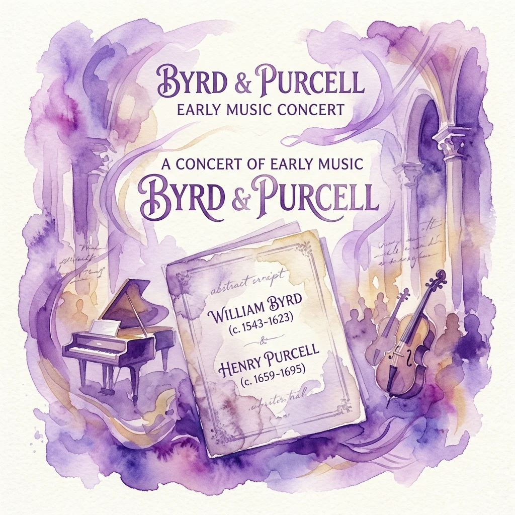 Waterverfillustratie van een klassiek concertprogramma voor Byrd & Purcell, met vroege muziekthema's, een vleugel, strijkinstrumenten en historische tekst op een paarse en gouden achtergrond.