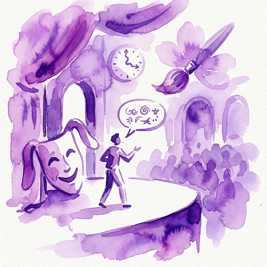 Fioletowa ilustracja akwarelowa przedstawiająca scenę teatralną z wykonawcą, dużą maską komediową, zegarem i pędzlem, nawiązująca do tematów sztuki i wystąpień.