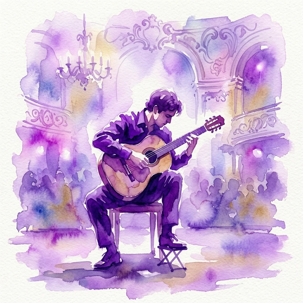 Ilustracja akwarelowa klasycznego gitarzysty występującego na scenie, z ozdobnymi detalami architektonicznymi w stylu barokowym i neobarokowym w tle, przywołująca dziedzictwo Andrésa Segovii.