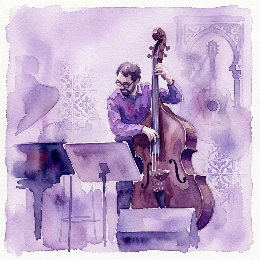 A watercolor illustration of a musician playing a double bass on stage, with a guitar and music stand in the background, evoking a jazz performance inspired by Spanish classical music.