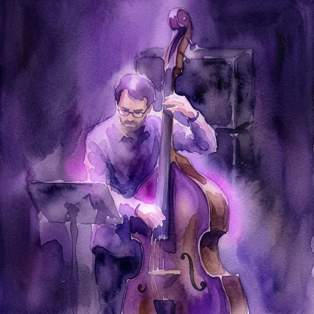 Una ilustración en acuarela de un músico tocando un contrabajo en una sala de conciertos tenuemente iluminada, con iluminación púrpura que resalta al intérprete y al instrumento.