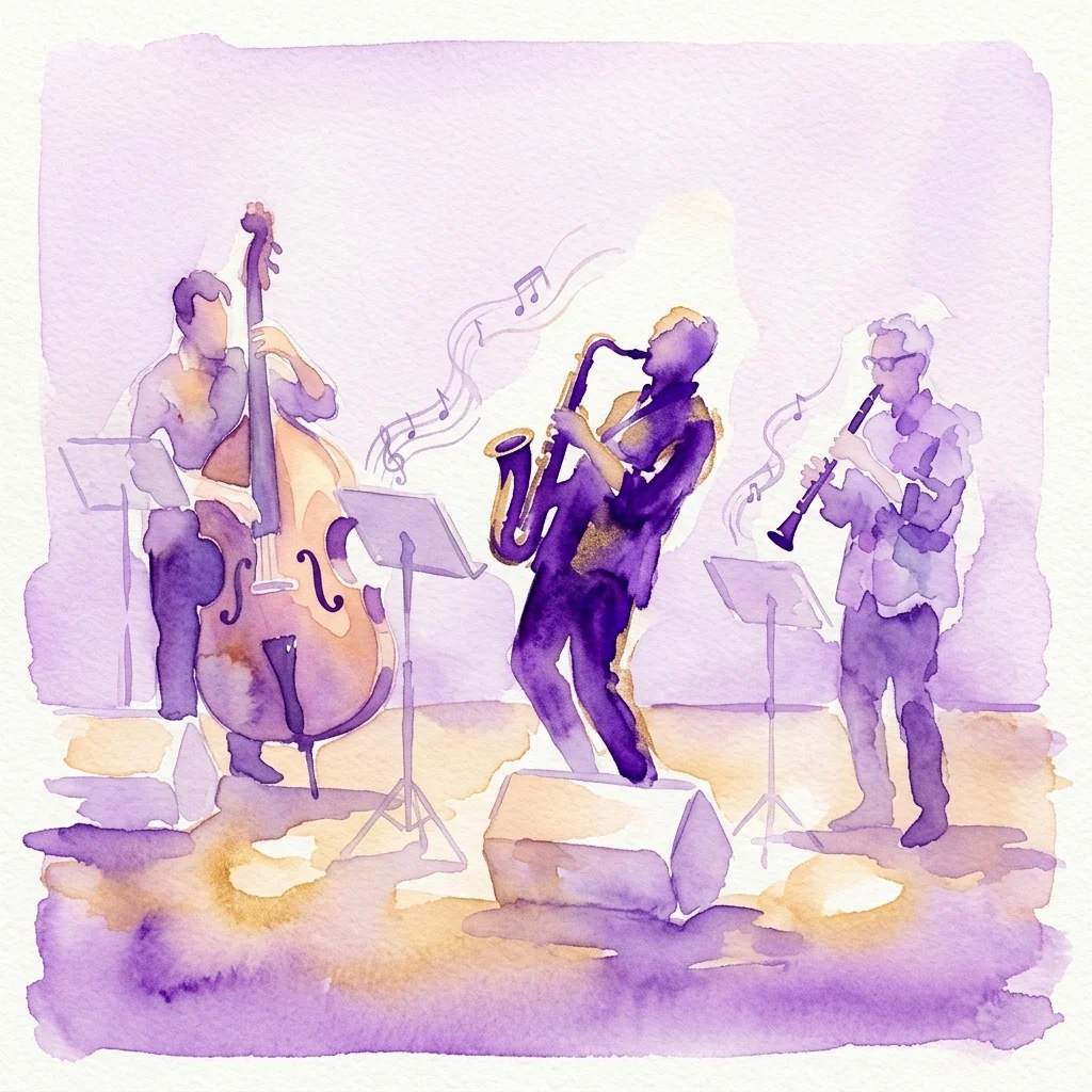 Watercolor illustration of a jazz ensemble featuring a double bass player, saxophonist, and clarinetist performing on stage with musical notes, evoking a fusion of classical and jazz music.