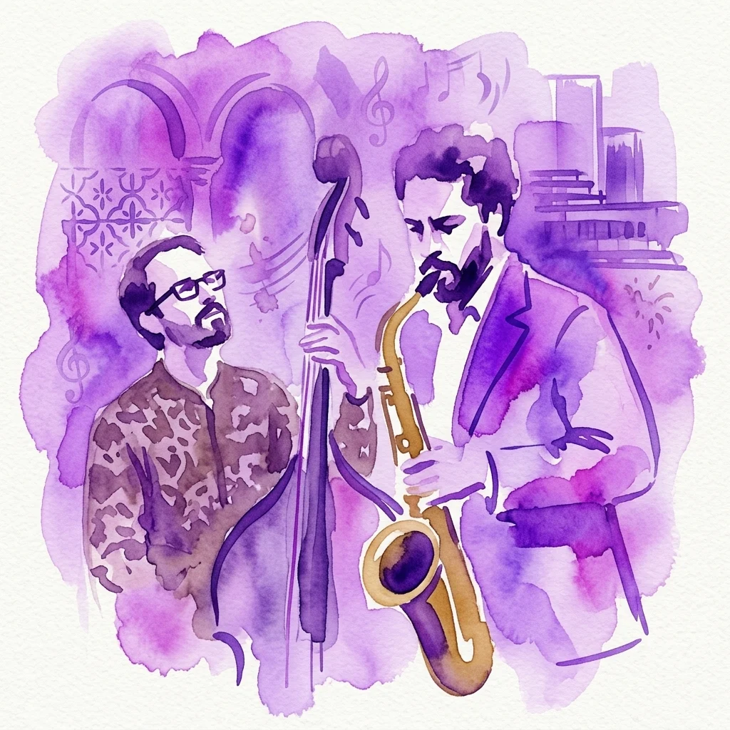 Ilustracja akwarelowa zespołu jazzowego przedstawiająca saksofonistę i kontrabasistę, z fioletowymi odcieniami i nutami, reprezentująca koncert będący reinterpretacją klasycznej hiszpańskiej muzyki autorstwa Pablo Martína Caminero i Ariel Brínguez.
