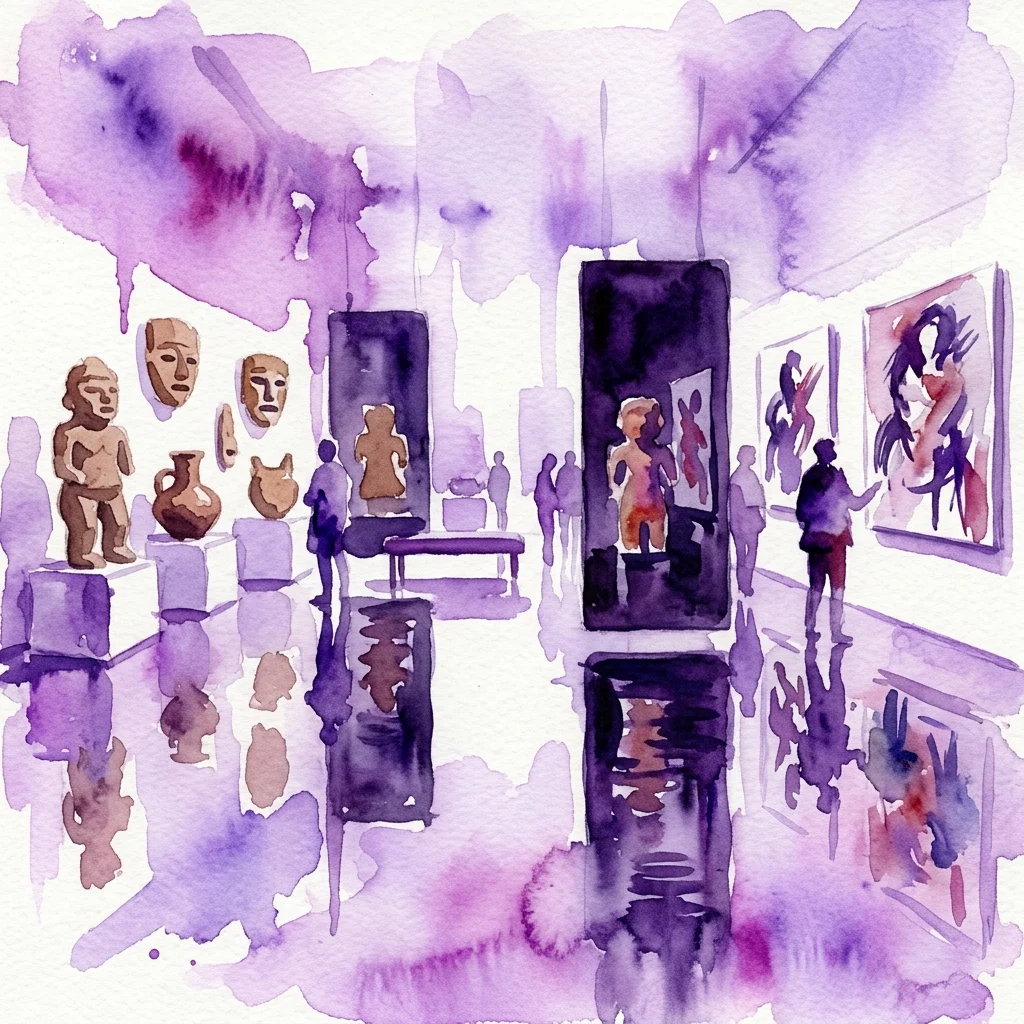 Ilustracja akwarelowa galerii sztuki prezentująca rzeźby prekolumbijskie i malarstwo figuratywne odbijające się w czarnych lustrach, przywołująca dialog między przeszłością a teraźniejszością.