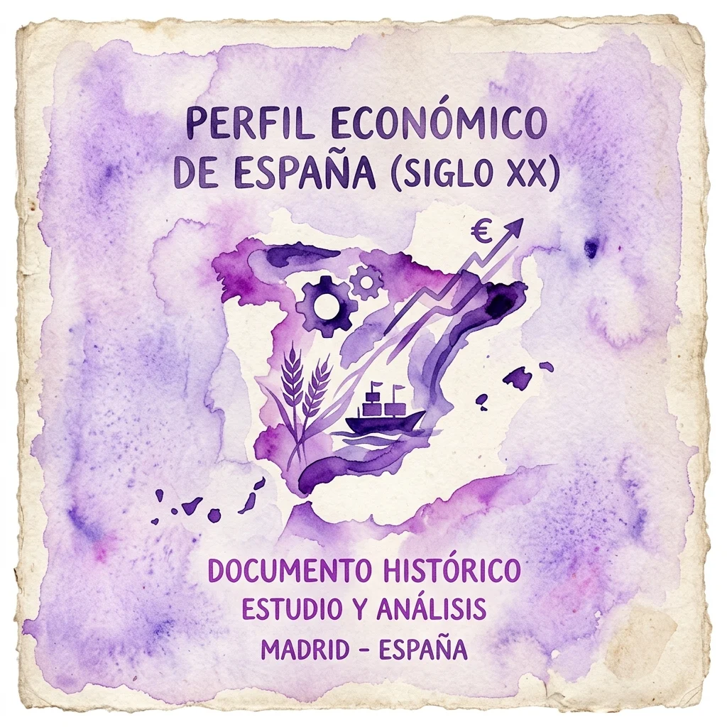 Okładka historycznego dokumentu zatytułowanego 'Perfil Económico de España (Siglo XX)' przedstawiająca fioletową akwarelową mapę Hiszpanii z symbolami ekonomicznymi, takimi jak koła zębate, pszenica, statek i rosnąca strzałka ze znakiem euro.