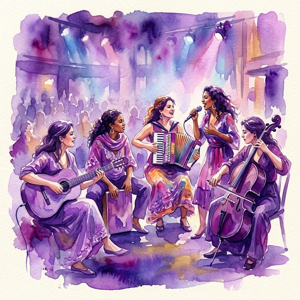 Een aquarelillustratie van vijf vrouwelijke muzikanten die op een podium optreden, met gitaar, accordeon, cello en zang, tegen een paars en blauw concertverlichtingsdecor.