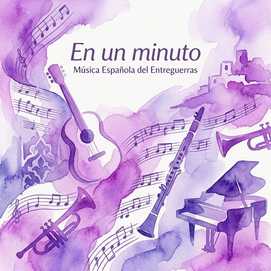 Ilustración en acuarela de instrumentos musicales españoles que incluyen guitarra, clarinete, trompeta y piano, con partituras y el texto 'En un minuto: Música Española del Entreguerras' sobre un fondo morado.