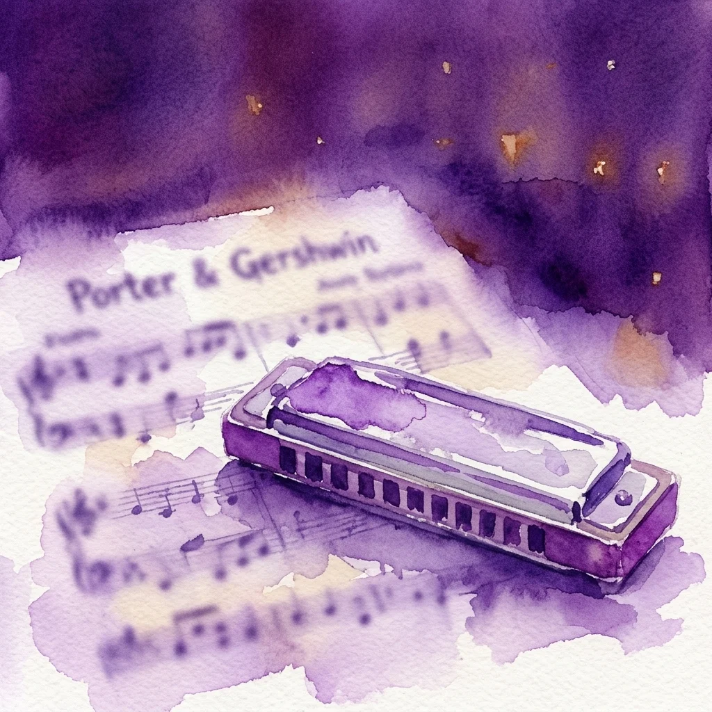 Ilustracja akwarelowa harmonijki na nutach z tekstem 'Porter & Gershwin', na tle fioletowo-złotym.