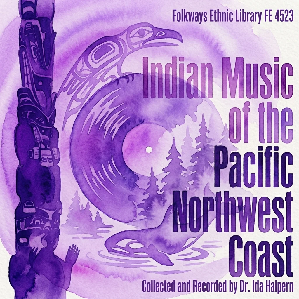 Okładka albumu "Indian Music of the Pacific Northwest Coast" przedstawiająca płytę winylową, totem i sztukę rdzennych mieszkańców wykonaną w fioletowej akwareli, zebraną przez dr Idę Halpern.