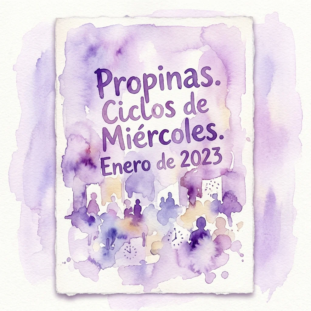 Een pamflet in aquarel-stijl, getiteld 'Propinas. Ciclos de Miércoles. Enero de 2023', met paarse en gele tinten en silhouetten van mensen, dat een culturele evenementenserie uit januari 2023 voorstelt.