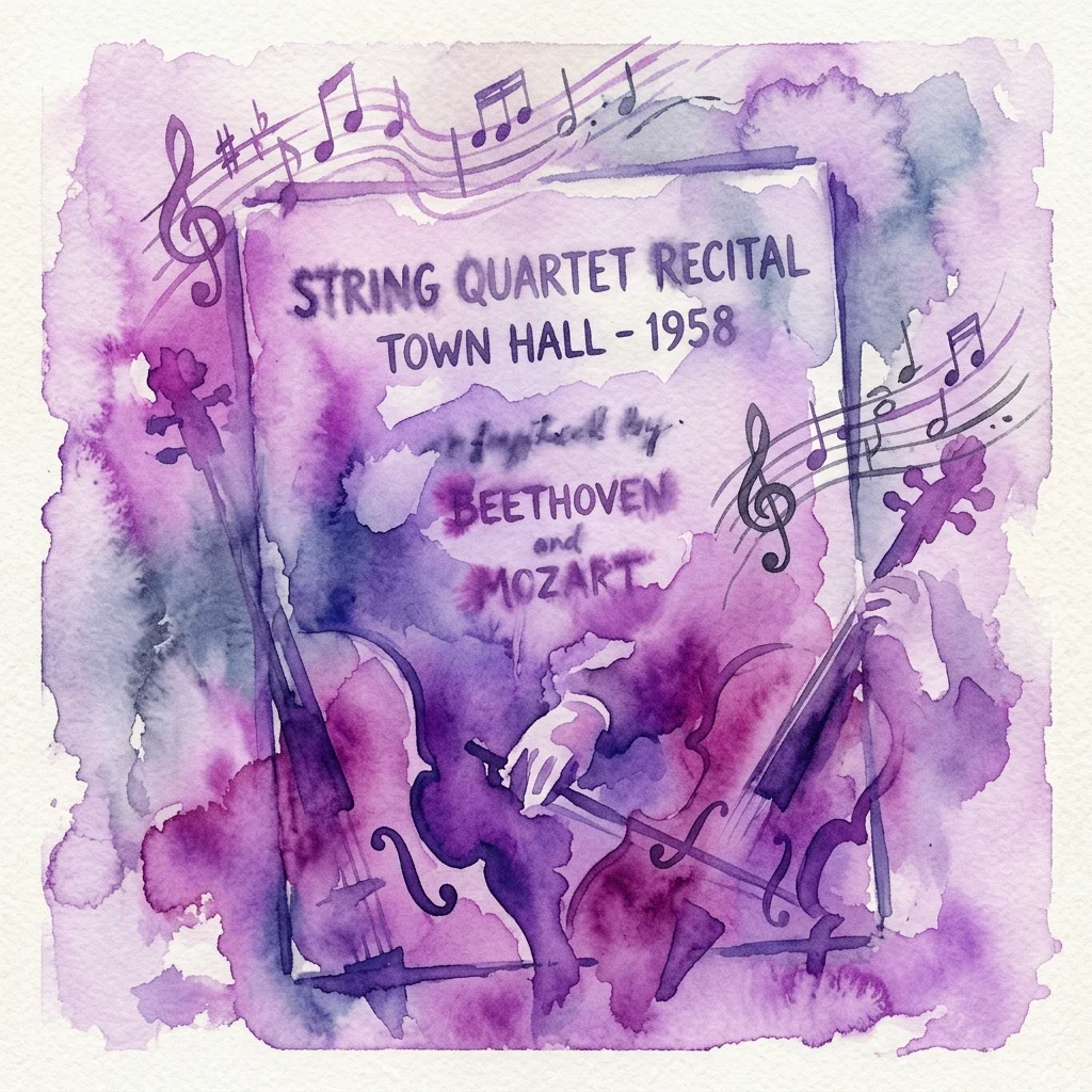 Ilustración en acuarela de un programa de recital de cuarteto de cuerda vintage de 1958 para el Town Hall, con Beethoven y Mozart, con notas musicales e instrumentos en tonos púrpuras.