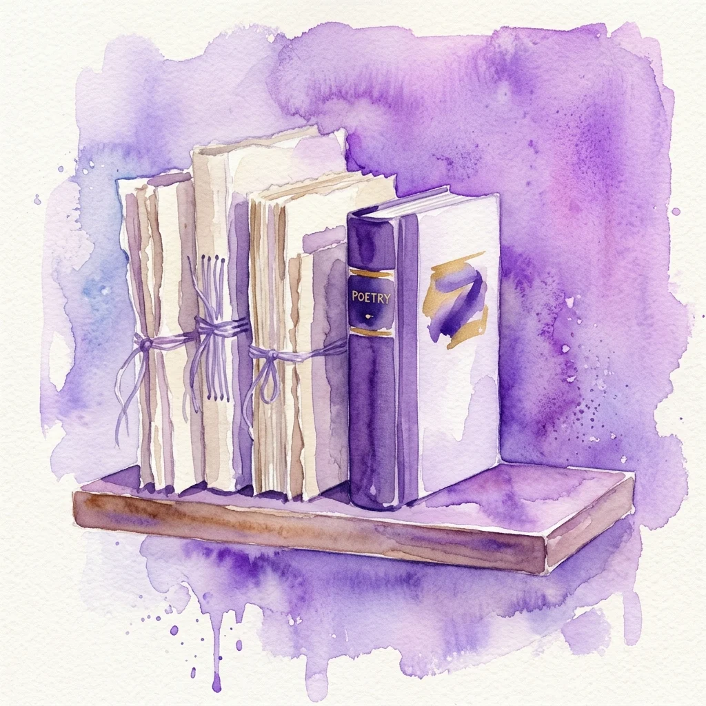 Waterverfillustratie van poëziemanuscripten en een boek met de titel 'POETRY' op een houten plank, die literaire contemplatie oproept met zachte paarse tinten.