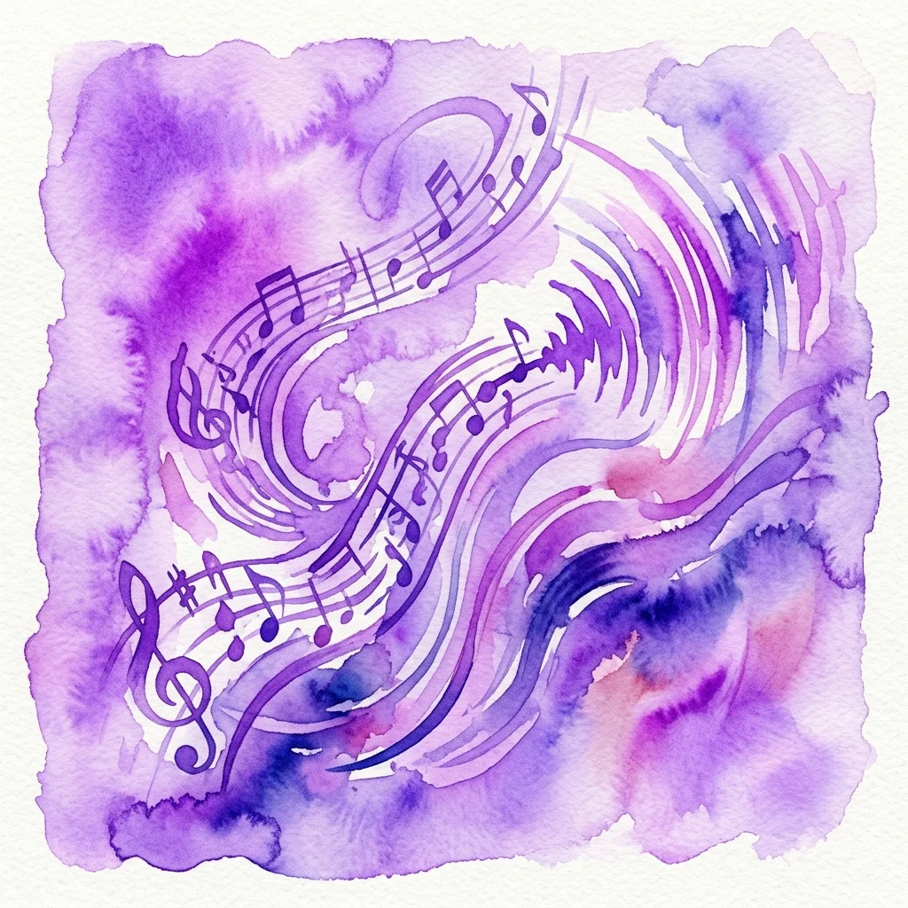Abstract aquarelwerk in paars en wit met muzieknoten en notenbalken die wervelen te midden van geluidsgolfpatronen, wat de 'Cara B'-release uit de serie Quinta Tribuna de Jóvenes Compositores vertegenwoordigt.