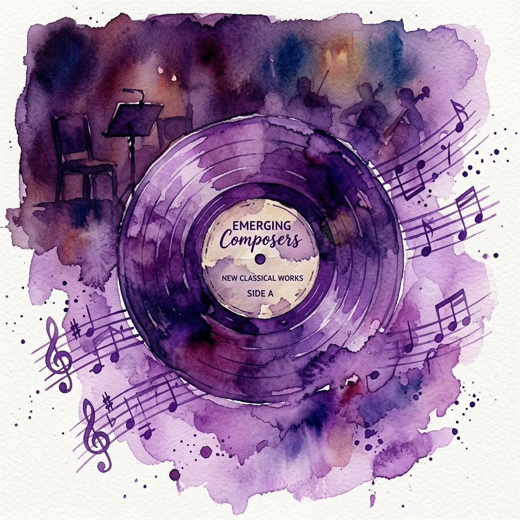 Ilustracja akwarelowa płyty winylowej z etykietą „Emerging Composers: New Classical Works Side A”, otoczona nutami i słabo oświetloną salą koncertową z instrumentami i pulpitem muzycznym.