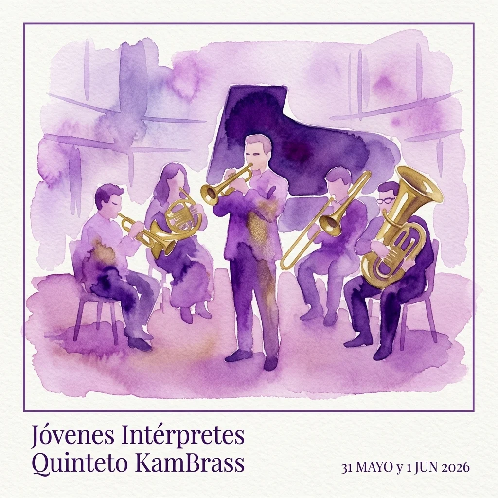 Waterverfillustratie van het Quinteto KamBrass blaaskwintet dat optreedt, met vijf muzikanten met koperblazers op een paars getint podium, onderdeel van de Jóvenes Intérpretes-serie.