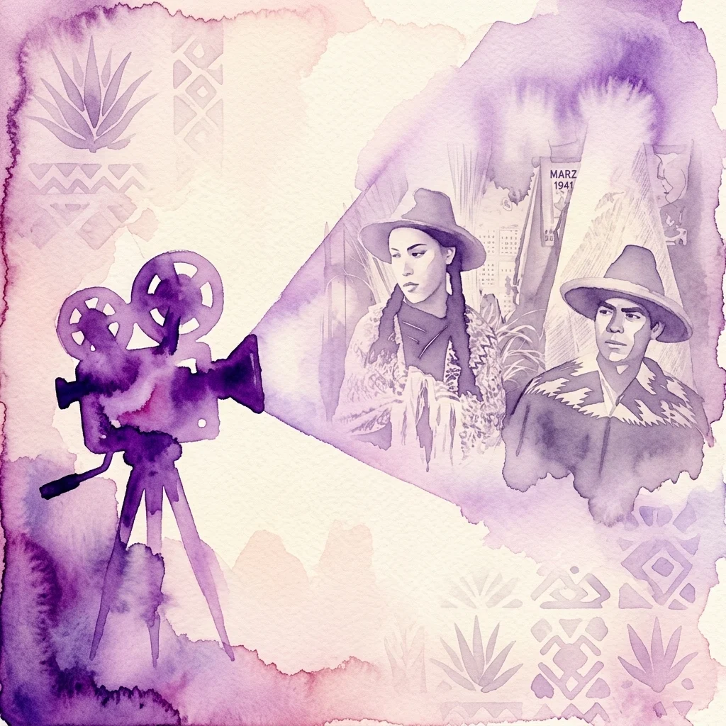 Ilustracja akwarelowa zabytkowego projektora filmowego wyświetlającego scenę z filmu Benito Alazraki z 1953 roku pt. 'Raíces', przedstawiającą rdzenne postacie i meksykańskie motywy kulturowe.