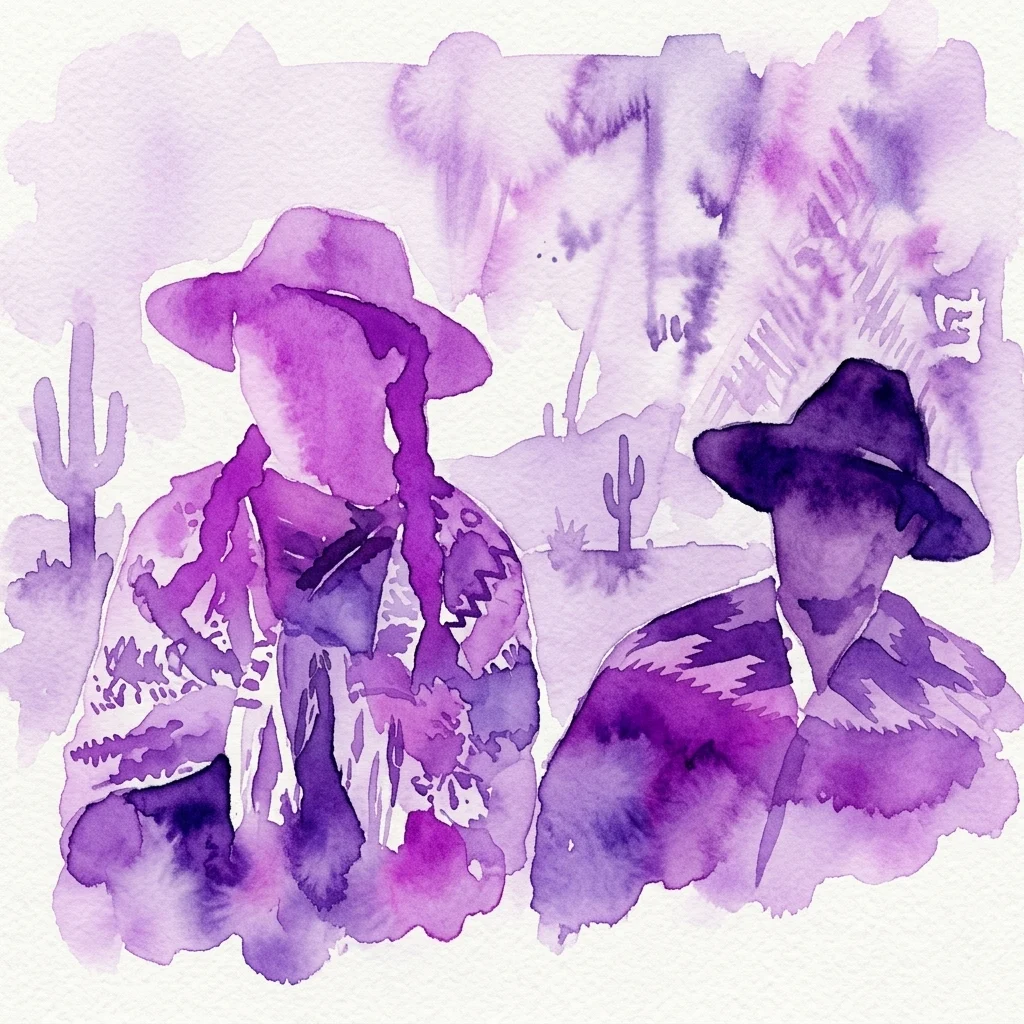 Una ilustración en acuarela púrpura de dos figuras con sombreros, una de ellas con trenzas, sobre un paisaje desértico con cactus, evocando la película 'Raíces' (1953) de Benito Alazraki.